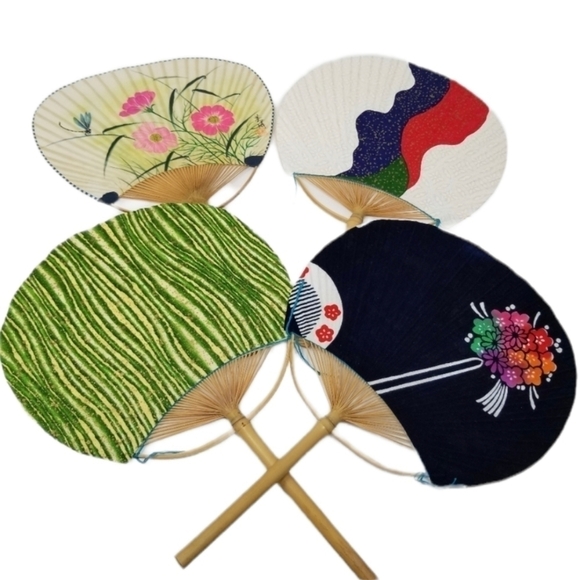 Japanese Flat Fan Hand Held Bamboo Handle Set of Four Floral Nature Color Block - Picture 1 of 12
